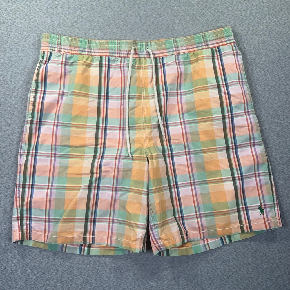 Polo Ralph Lauren Swim Trunks Men XL Madras Plaid Orange Green Pink Lined Preppy